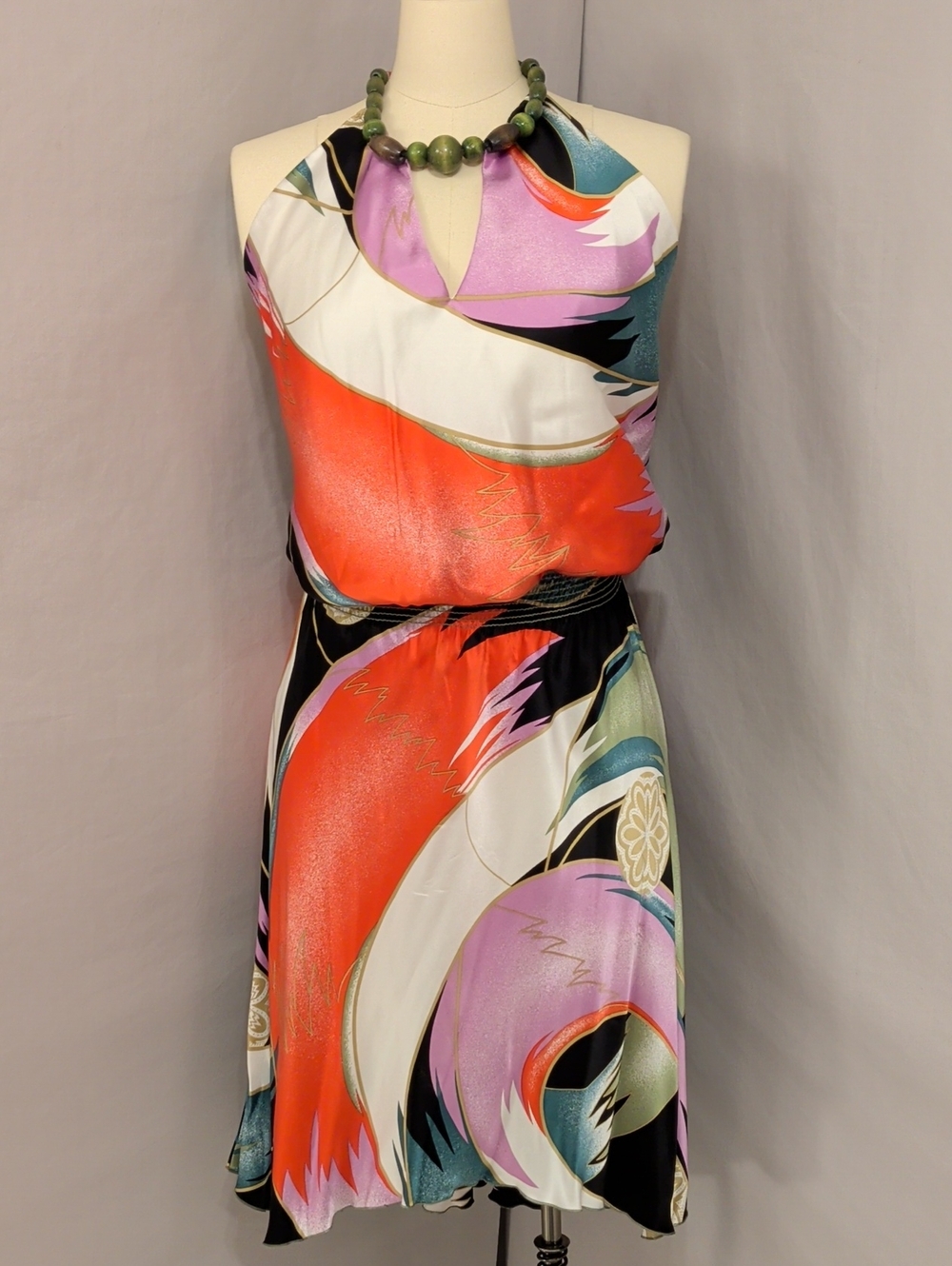 USA Made Silk Halter Mini Dress in Colorful Abstract Print Wood Bead Neck Sexy